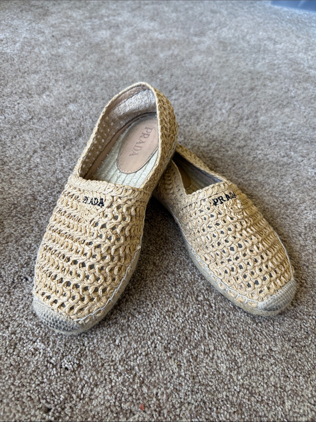 Prada Beige Woven Raffia Espadrille Flats